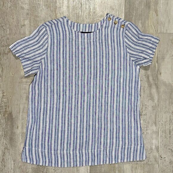 Lands End Blue Striped Short Sleeve Top 100% Linen Blouse Women’s XS Nautical - Picture 1 of 11